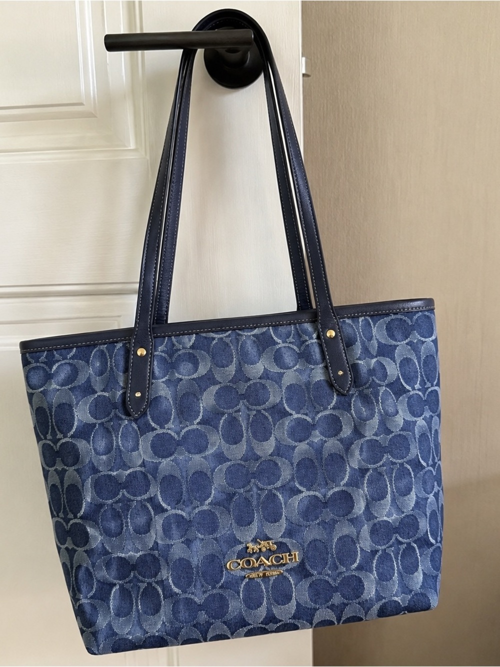 Coach Blue Denim Signature Tote with Gold Logo